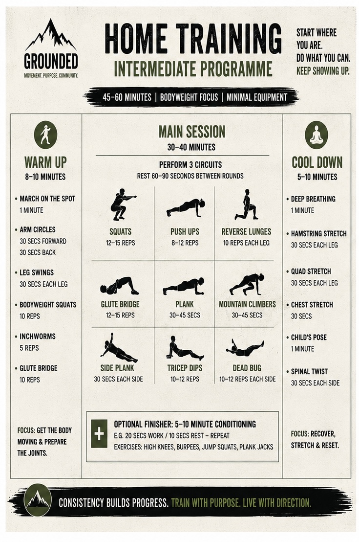 Grounded home training intermediate programme — three bodyweight circuits with finisher