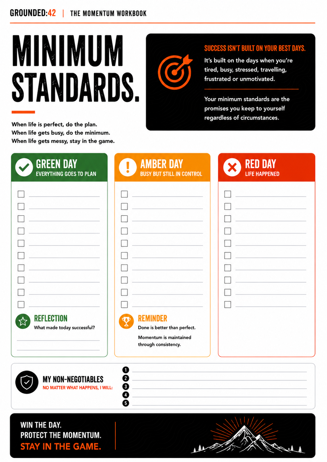 Blank Grounded 42 minimum standards worksheet for green, amber and red days