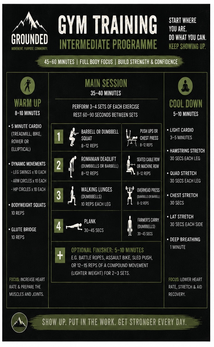 Grounded gym training intermediate programme — barbell and dumbbell full body strength