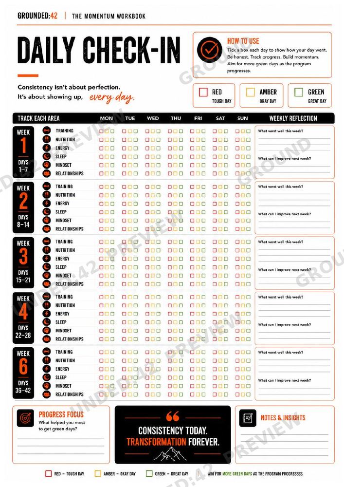 Daily check-in — page from the Grounded:42 workbook