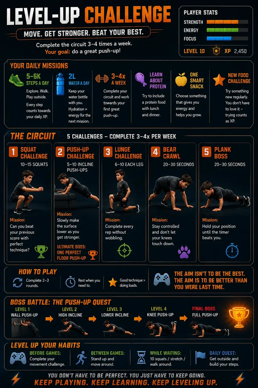 Level-Up Challenge poster for children aged 6-12 — daily missions, bodyweight circuit and push-up quest