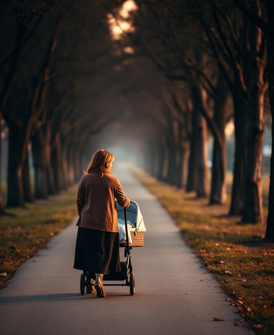 A mum walking outdoors with a pram on a quiet path