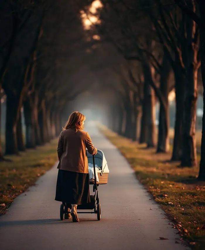 A mum walking outdoors with a pram on a quiet path