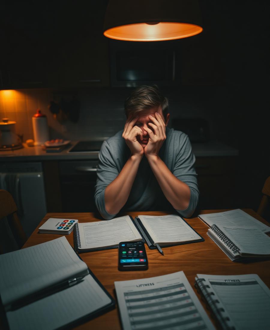 Someone at a table surrounded by notebooks, planners and fitness apps