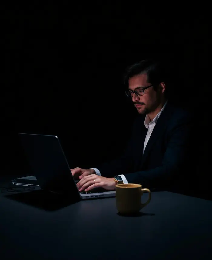 A professional finishing work late with a laptop open and coffee beside them
