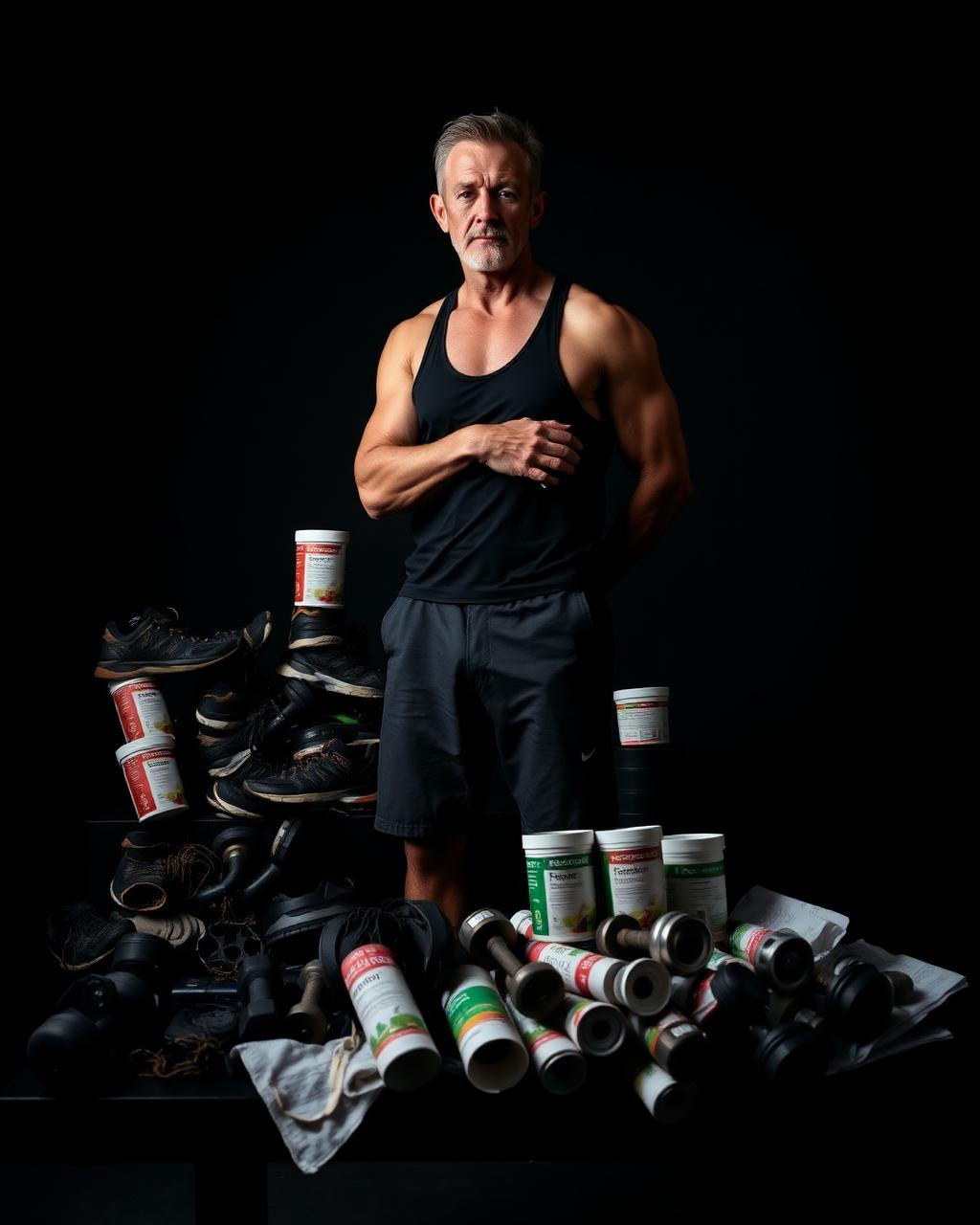 A man standing among worn trainers, dumbbells and old diet-plan printouts, starting again