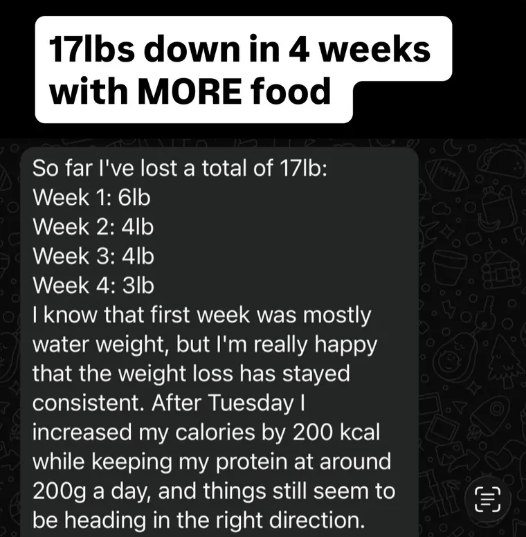 Peter's message: 17lbs down in 4 weeks — 6lb, 4lb, 4lb, 3lb — while increasing calories