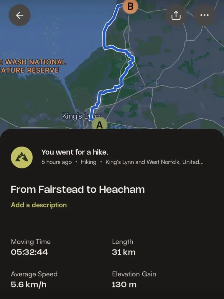 One of Peter's weekly rucks — a 31km weighted walk from Fairstead to Heacham
