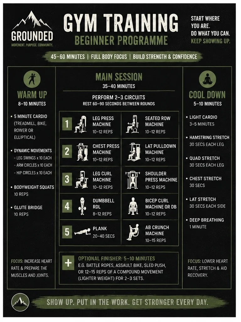 Grounded gym training beginner programme — machine-based full body session