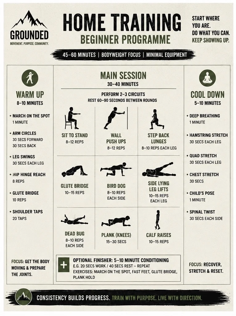 Grounded home training beginner programme — bodyweight circuits, warm up and cool down