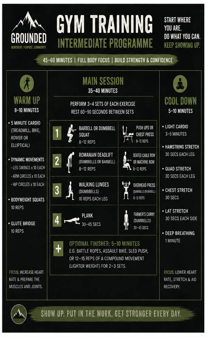 Grounded gym training intermediate programme — barbell and dumbbell full body strength