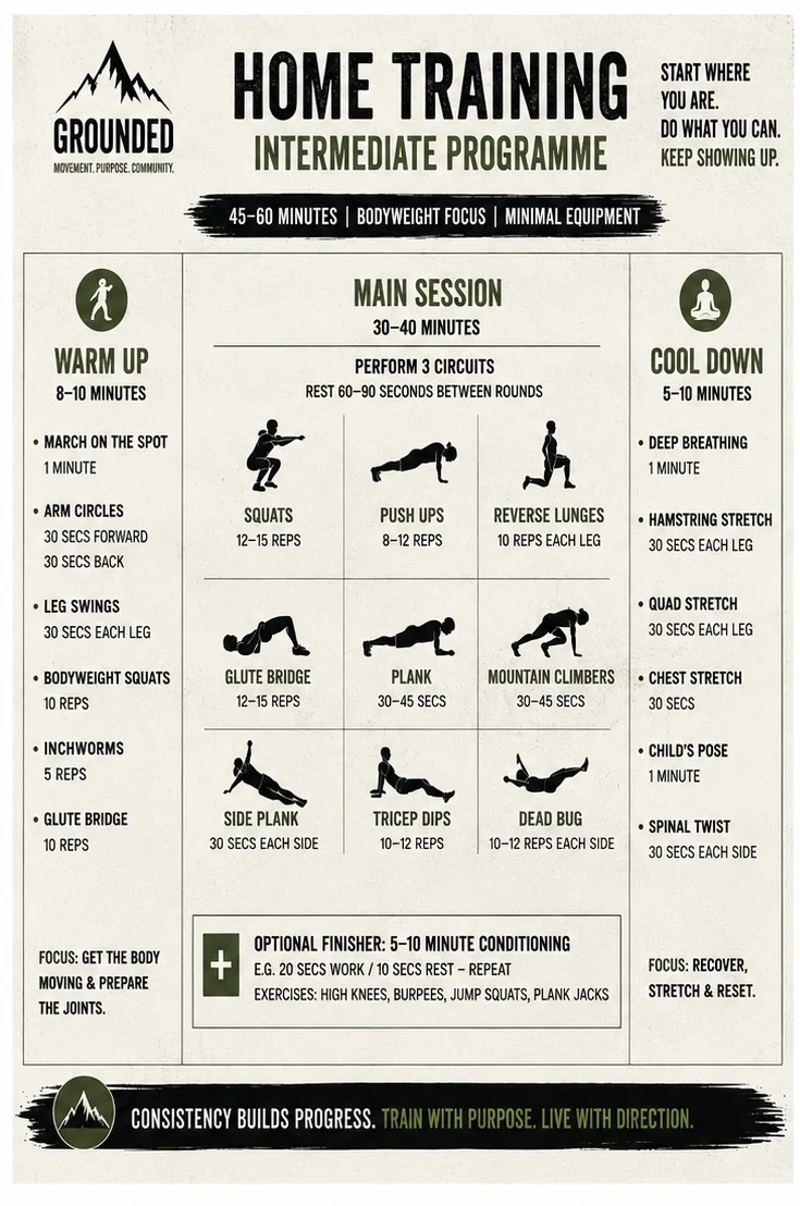 Grounded home training intermediate programme — three bodyweight circuits with finisher